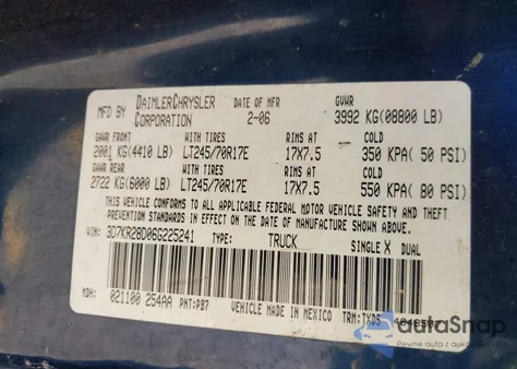 2006 Dodge Ram 2500 St из США, поврежденный, VIN 3D7KR28D06G225241